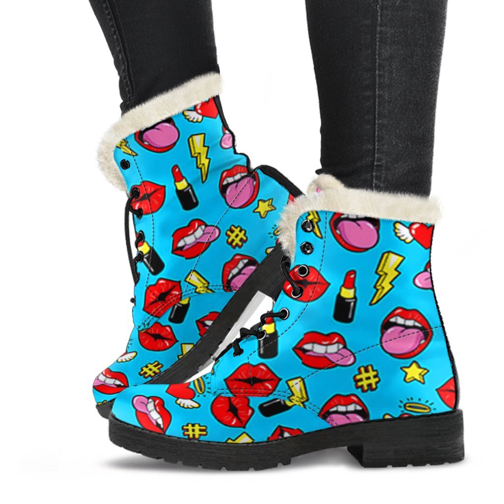 Red Lips Lipstick Pattern Print Comfy Winter Boots-grizzshop