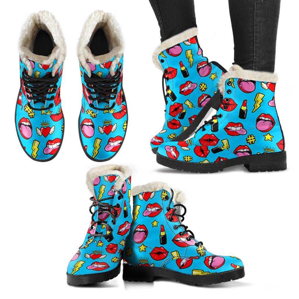 Red Lips Lipstick Pattern Print Comfy Winter Boots-grizzshop
