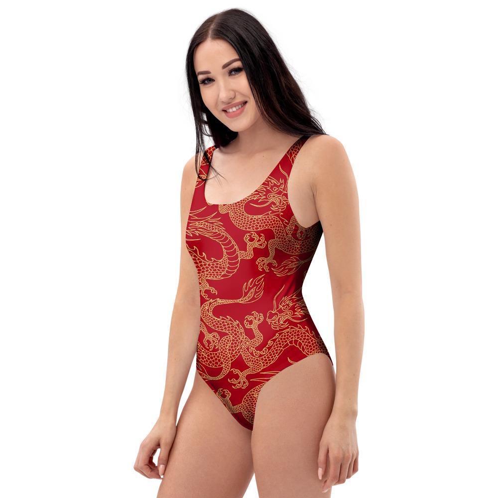 Red Oriental Chinese Dragon One Piece Swimsuite-grizzshop