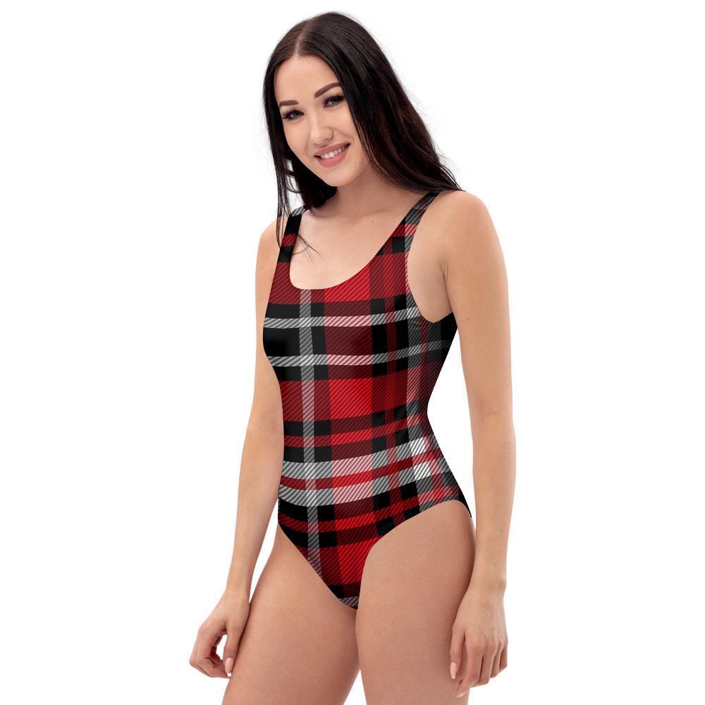 Red Plaid Tartan Print One Piece Swimsuite-grizzshop