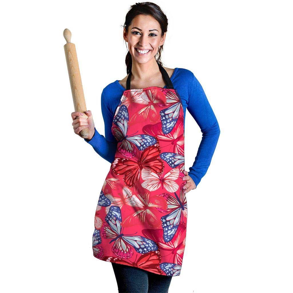 Red and Blue Butterfly Print Women's Apron-grizzshop