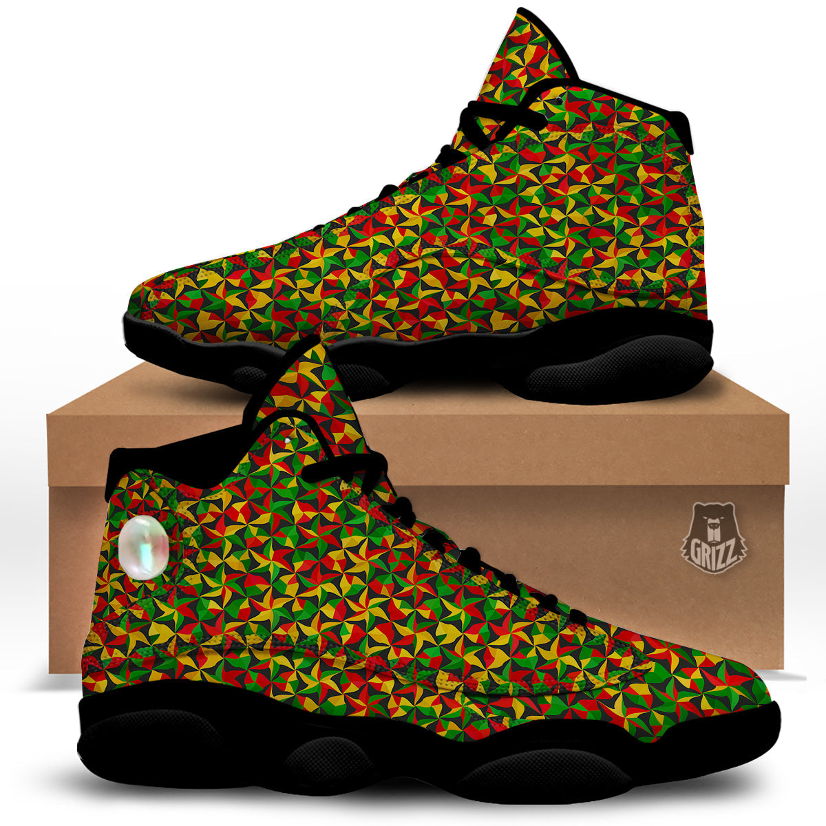 Reggae Abstract Geometric Print Pattern Black Basketball Shoes-grizzshop