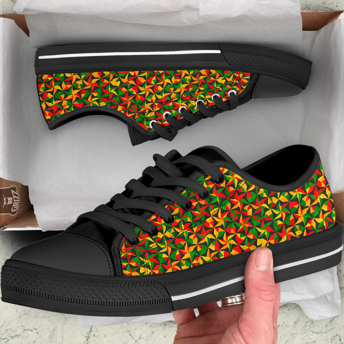 Reggae Abstract Geometric Print Pattern Black Low Top Shoes-grizzshop