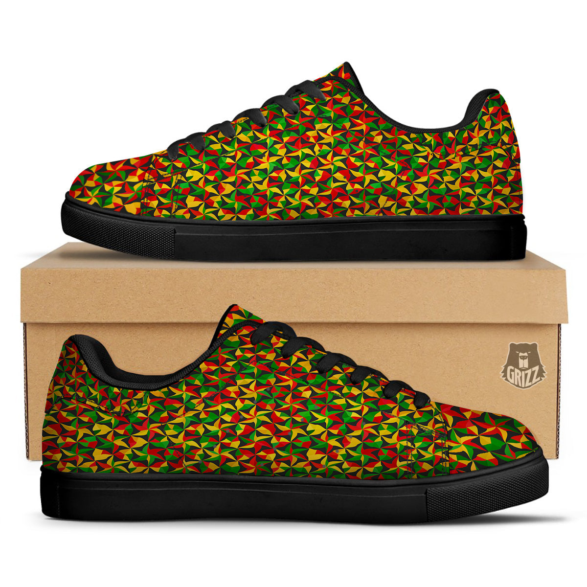 Reggae Abstract Geometric Print Pattern Black Low Top Sneakers-grizzshop