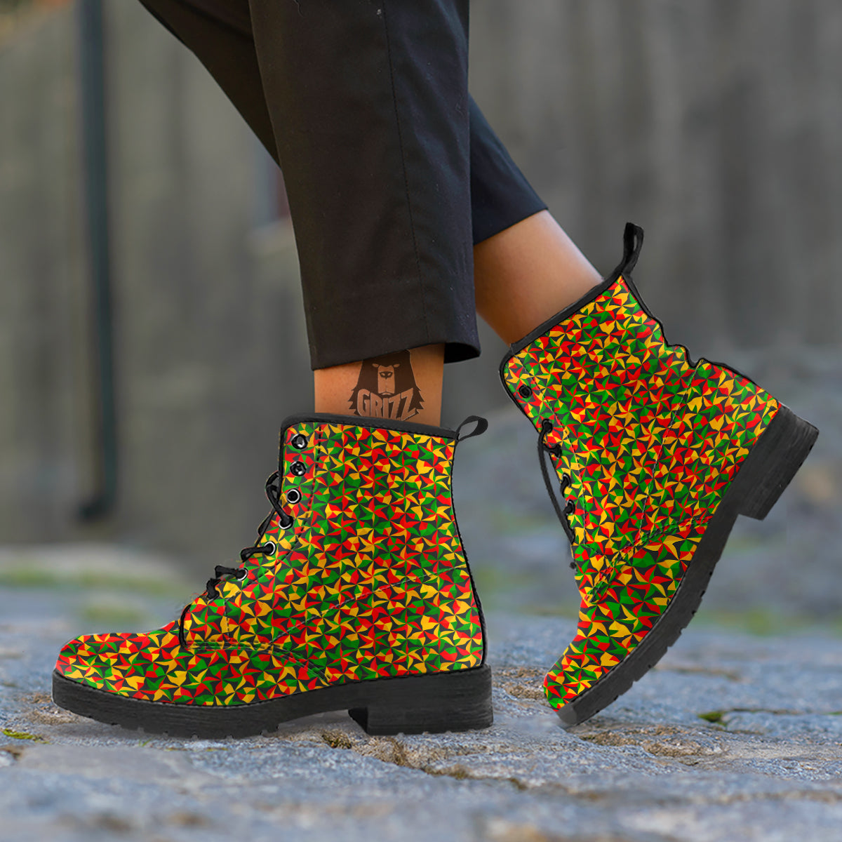 Reggae Abstract Geometric Print Pattern Leather Boots-grizzshop