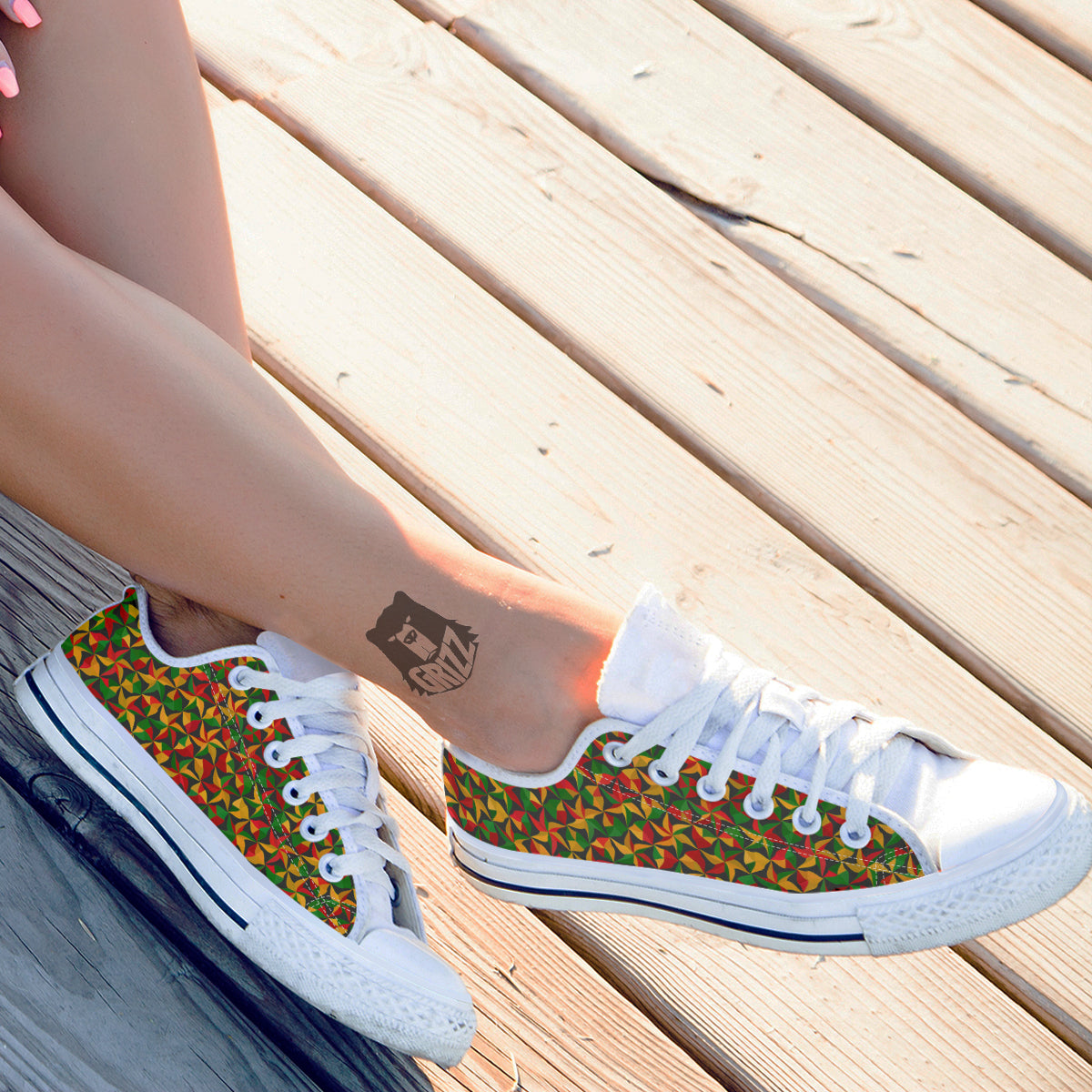 Reggae Abstract Geometric Print Pattern White Low Top Shoes-grizzshop