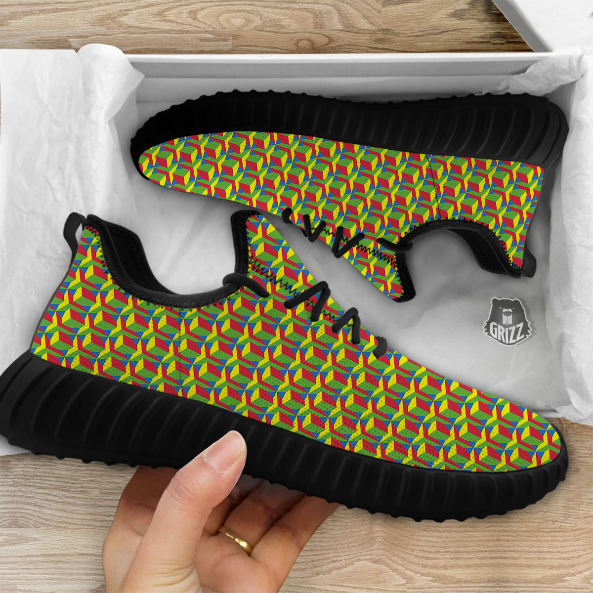 Reggae Geometric Print Pattern Black Walking Shoes-grizzshop