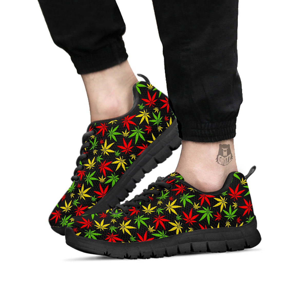 Reggae Hemp Leaf Print Pattern Black Sneaker-grizzshop