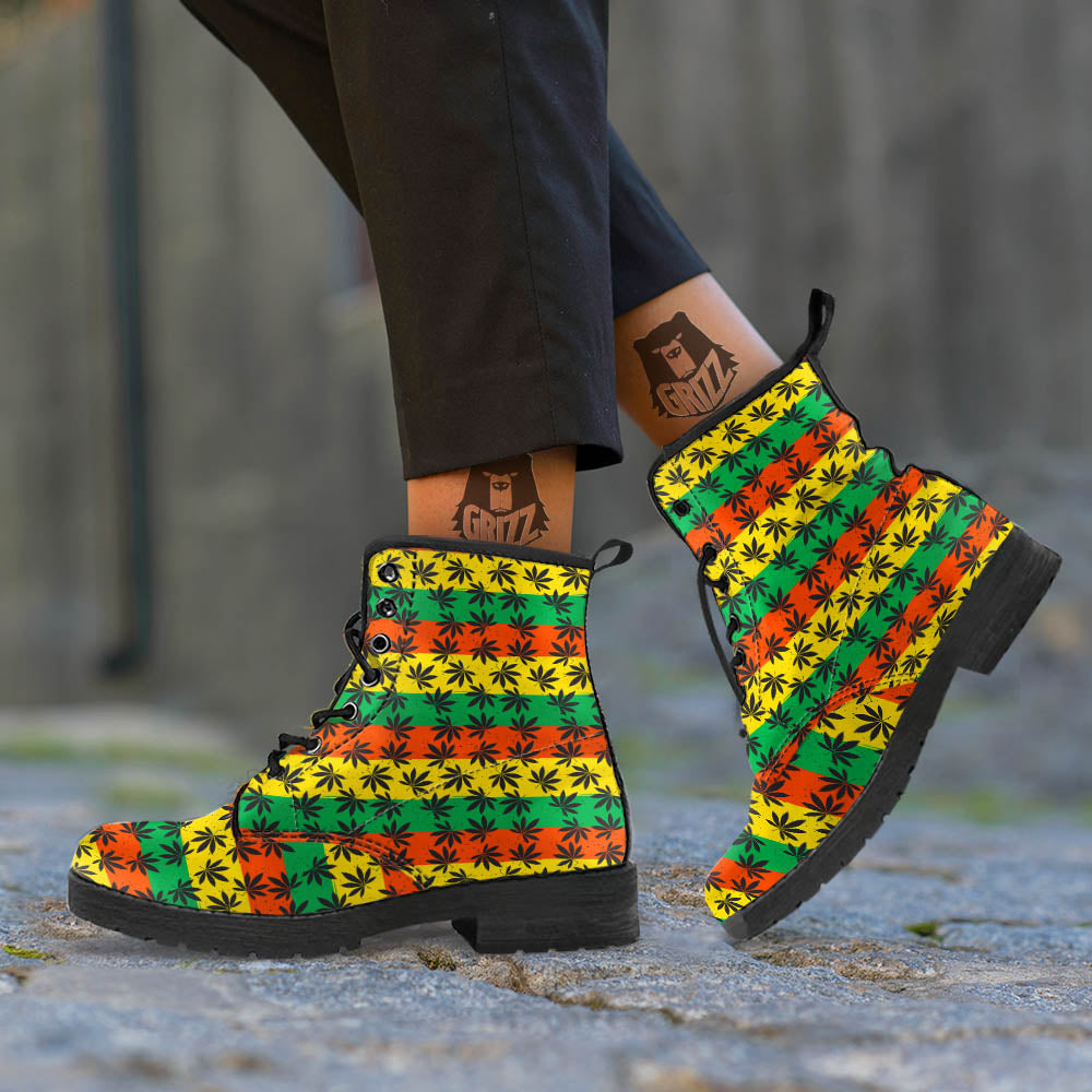 Reggae Hemp Leaves Classic Print Pattern Leather Boots-grizzshop