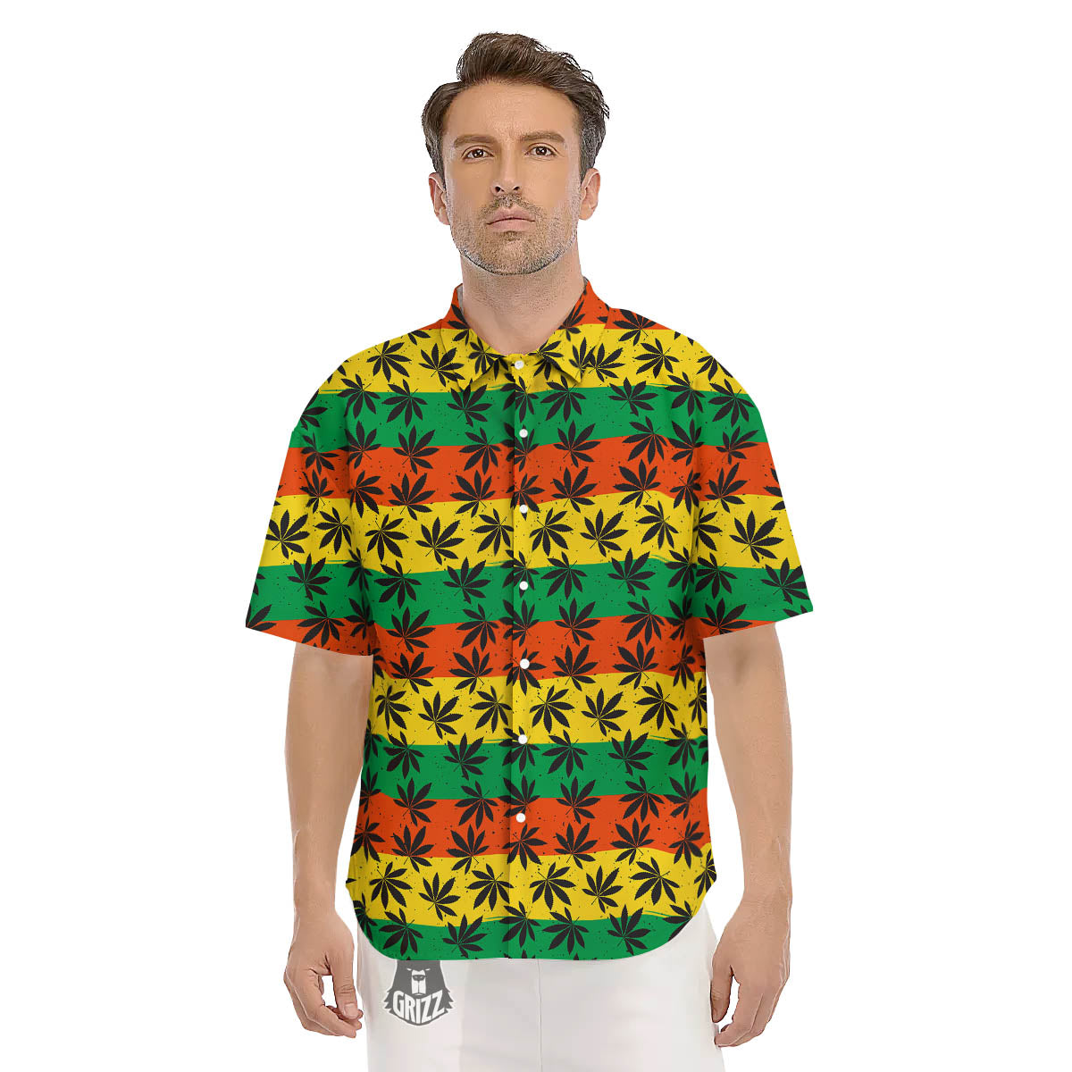 Reggae Hemp Leaves Classic Print Pattern Men's Short Sleeve Shirts-grizzshop