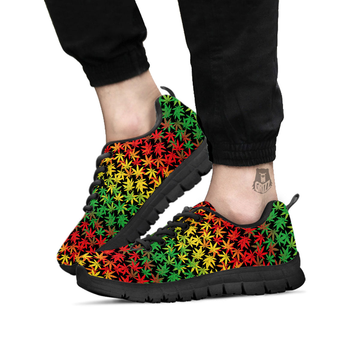 Reggae Hemp Leaves Print Pattern Black Sneaker-grizzshop