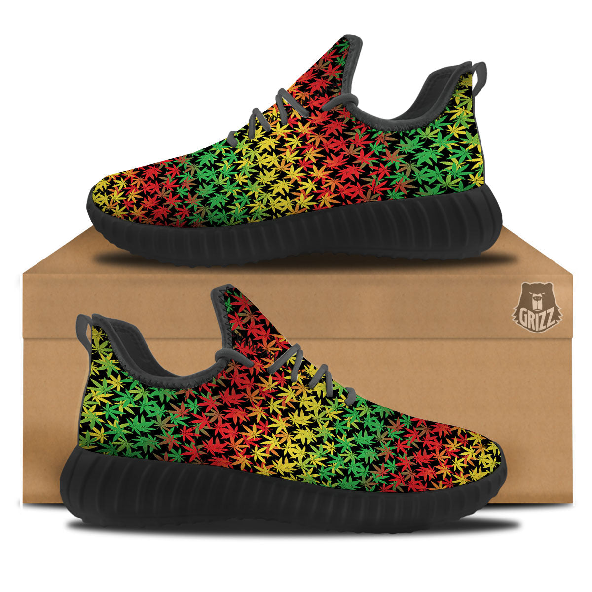 Reggae Hemp Leaves Print Pattern Black Walking Shoes-grizzshop