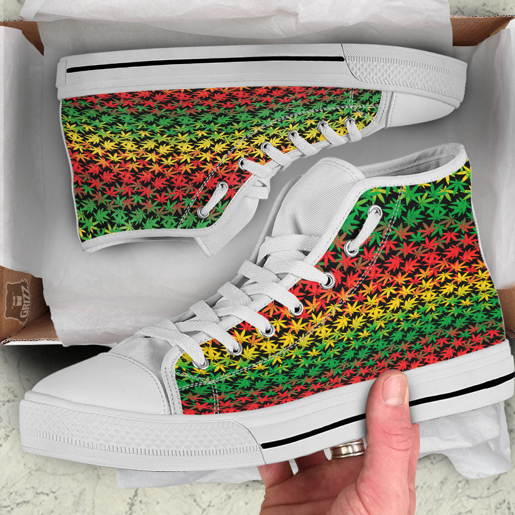 Reggae Hemp Leaves Print Pattern White High Top Shoes-grizzshop