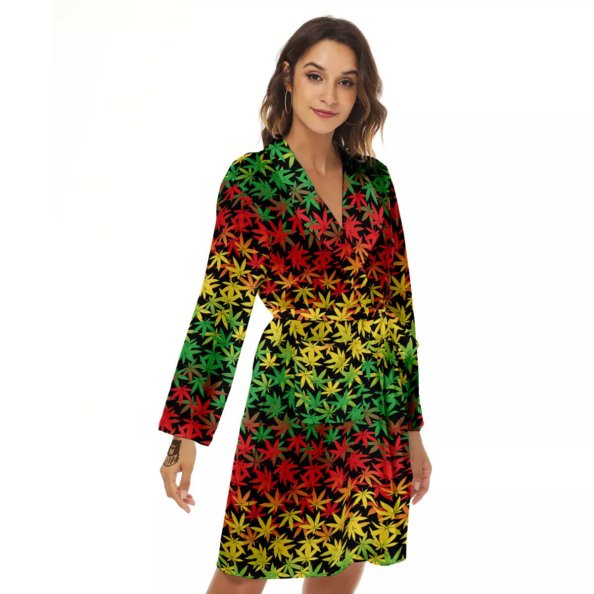 Reggae Hemp Leaves Print Pattern Women's Robe-grizzshop