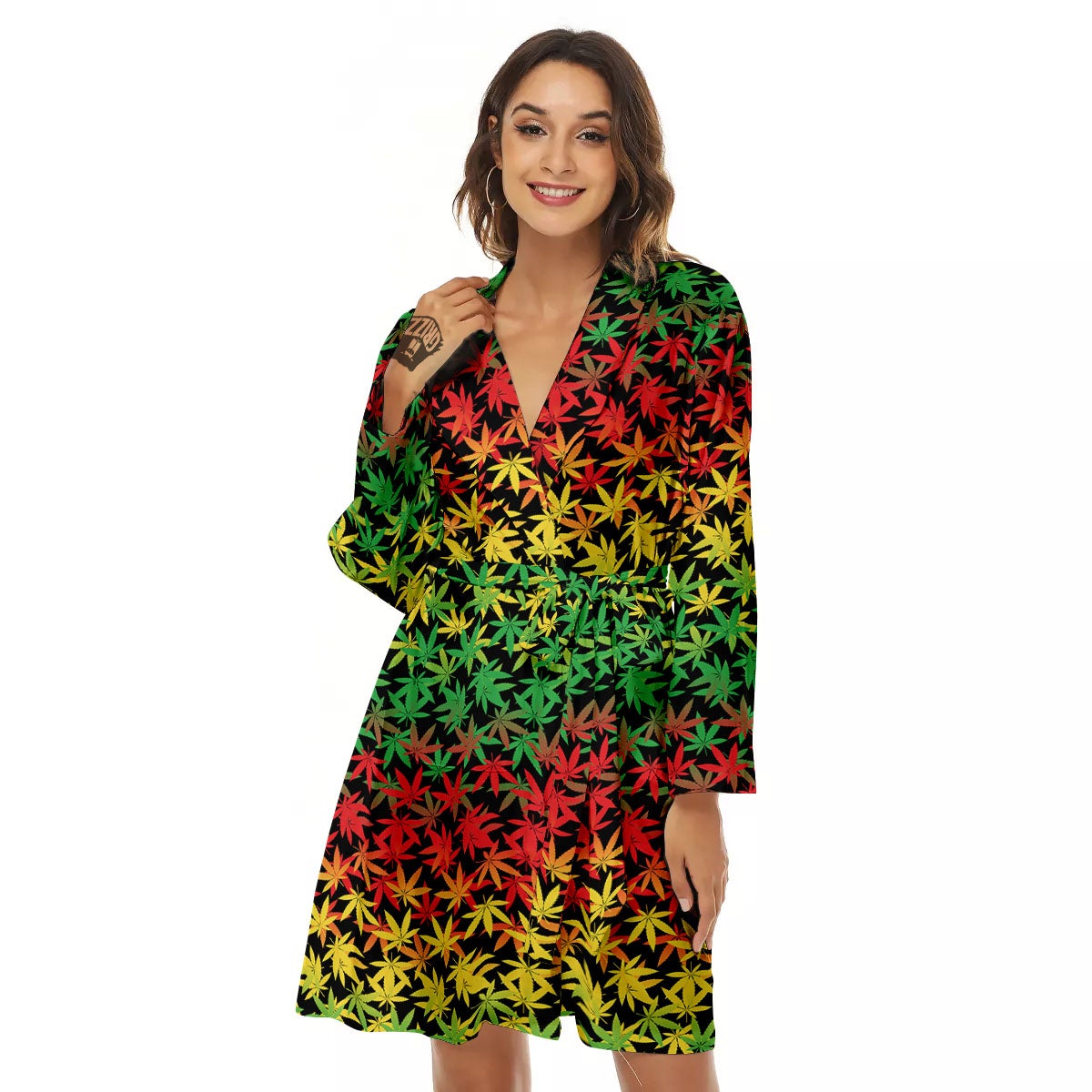 Reggae Hemp Leaves Print Pattern Women's Robe-grizzshop