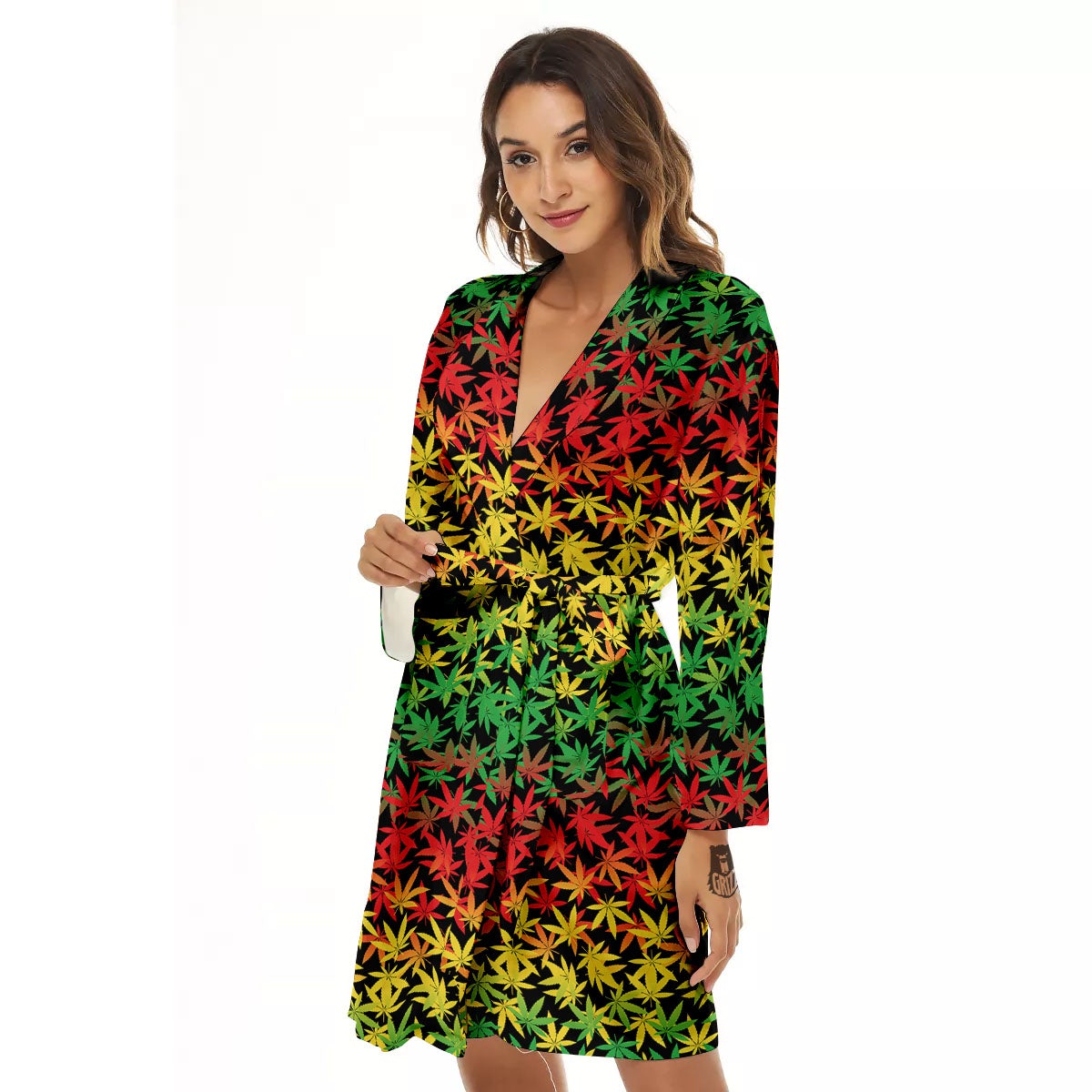 Reggae Hemp Leaves Print Pattern Women's Robe-grizzshop