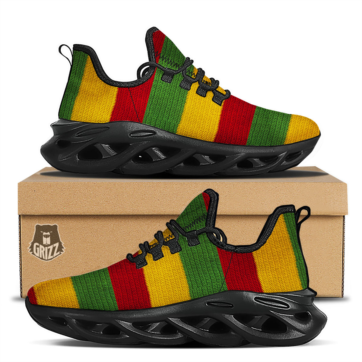 Reggae Knitted Print Pattern Black Running Shoes-grizzshop