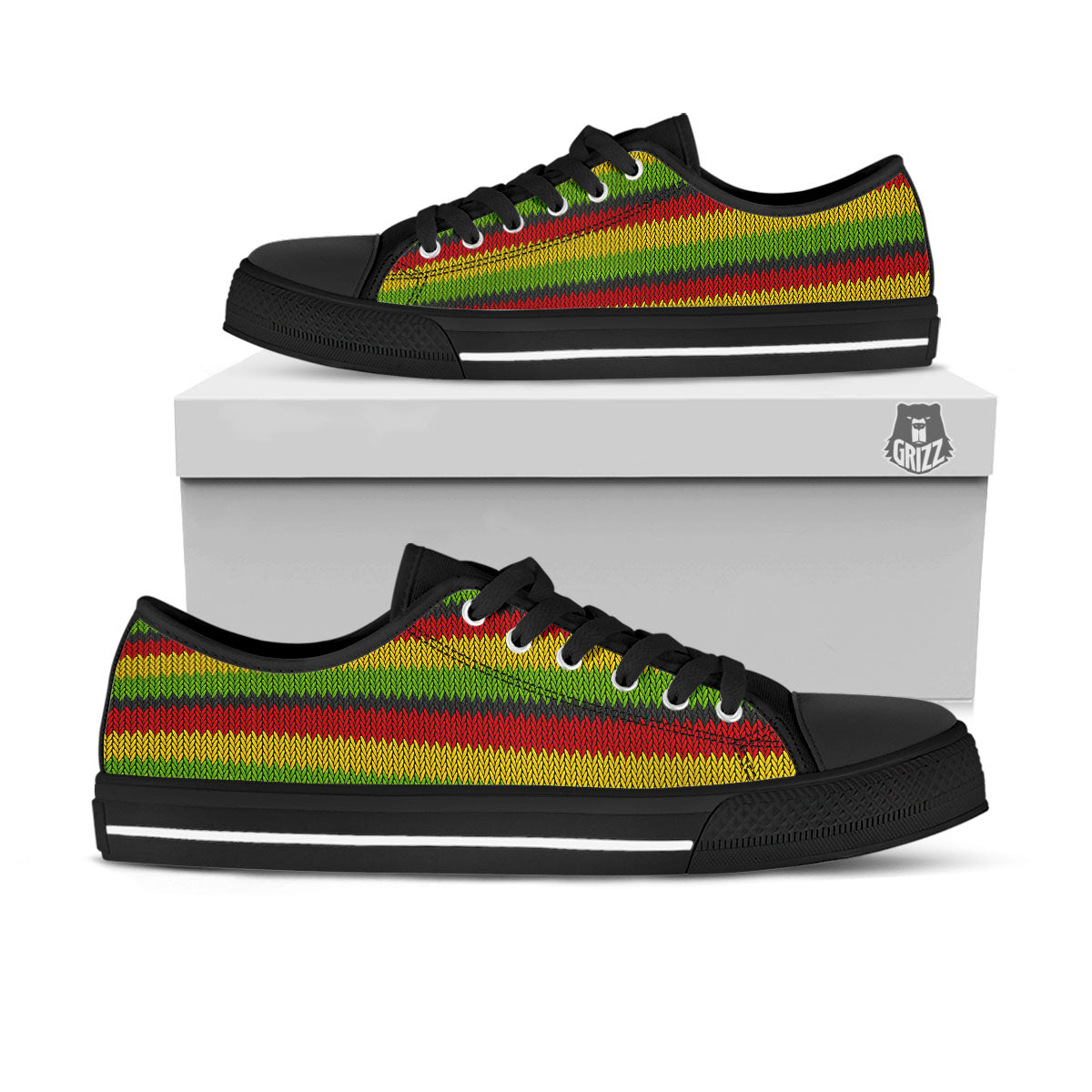 Reggae Knitted Style Print Pattern Black Low Top Shoes-grizzshop