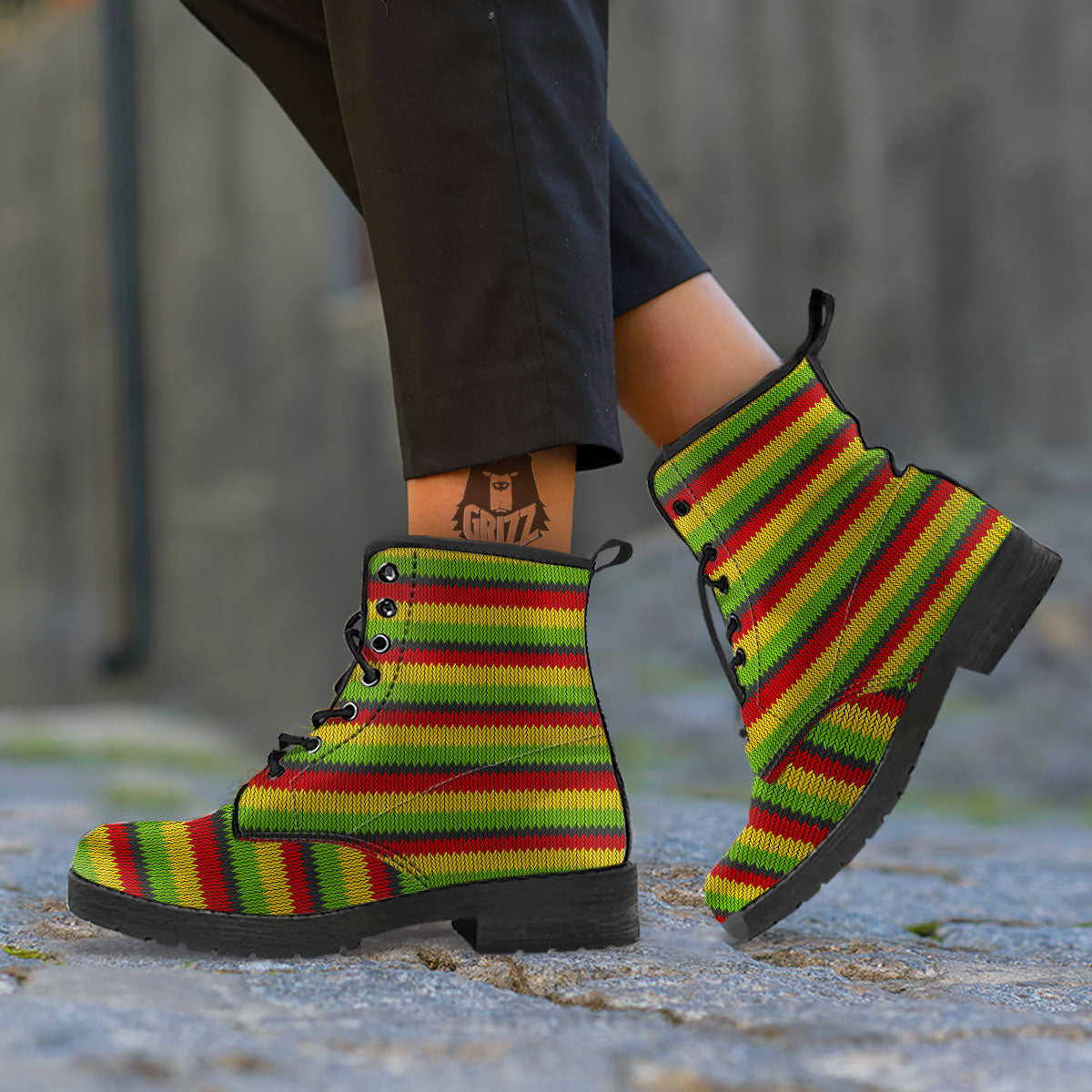 Reggae Knitted Style Print Pattern Leather Boots-grizzshop