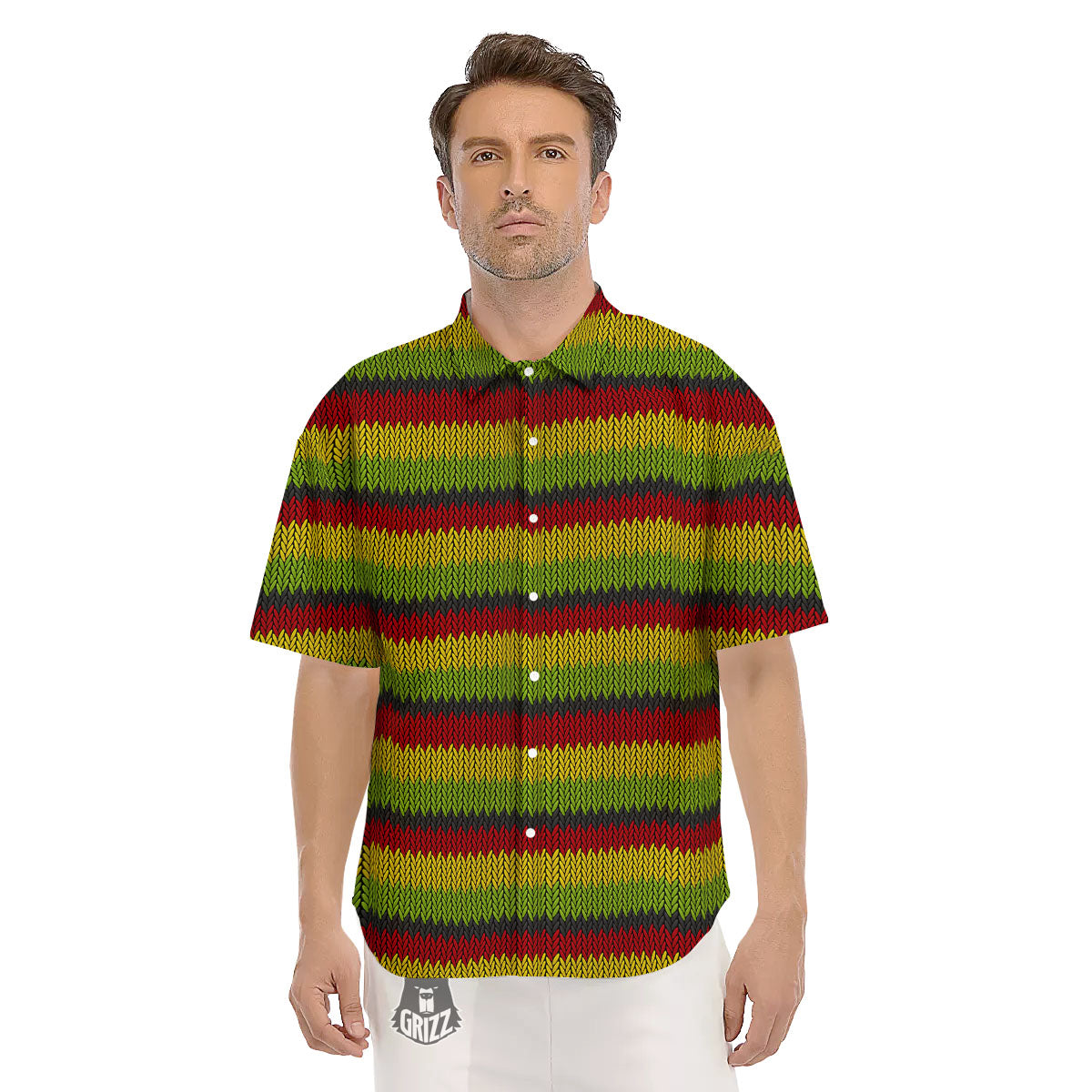 Reggae Knitted Style Print Pattern Men's Short Sleeve Shirts-grizzshop