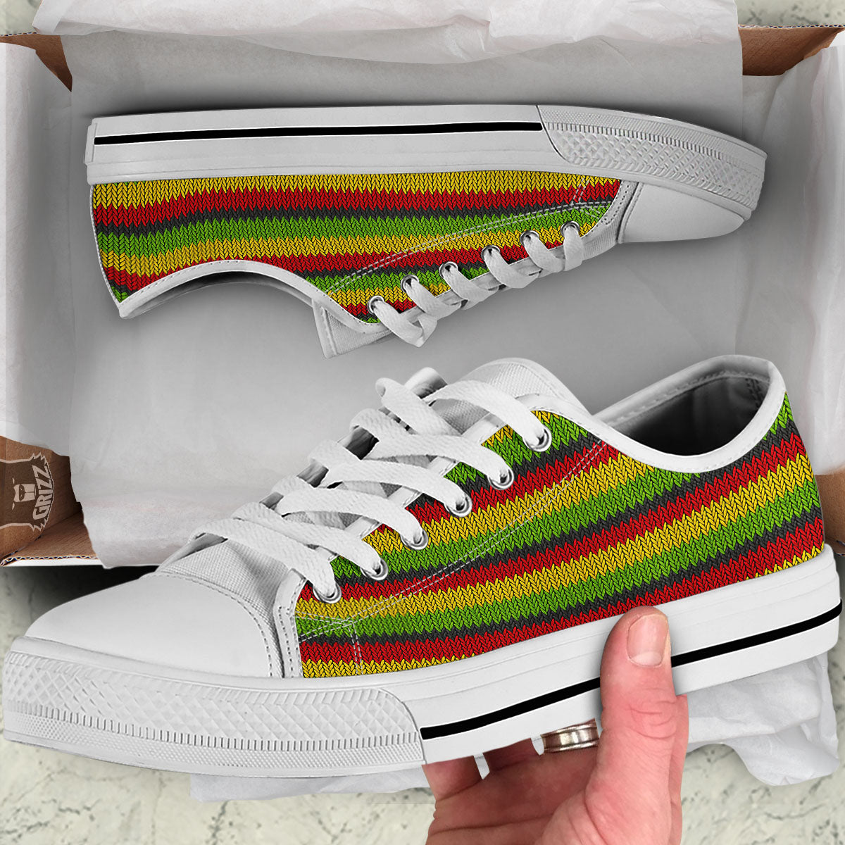 Reggae Knitted Style Print Pattern White Low Top Shoes-grizzshop