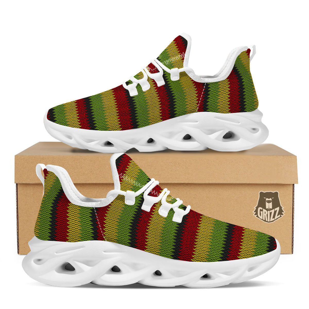 Reggae Knitted Style Print Pattern White Running Shoes-grizzshop