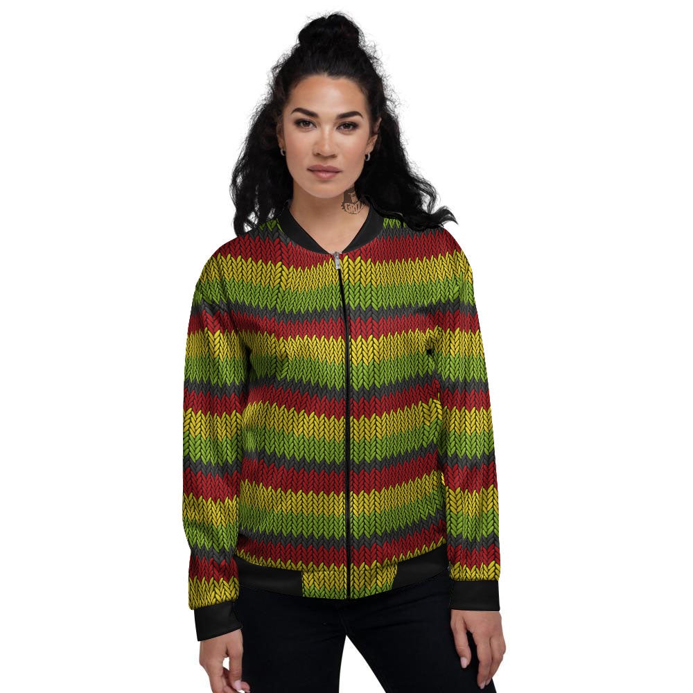 Reggae Knitted Style Print Pattern Women's Bomber Jacket-grizzshop