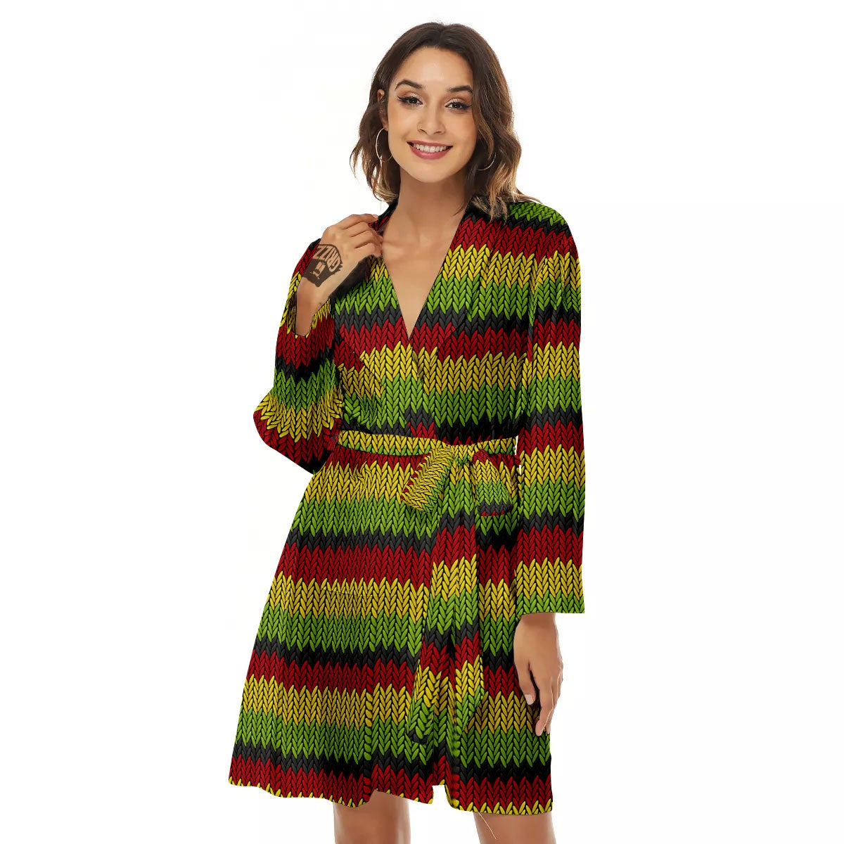 Reggae Knitted Style Print Pattern Women's Robe-grizzshop