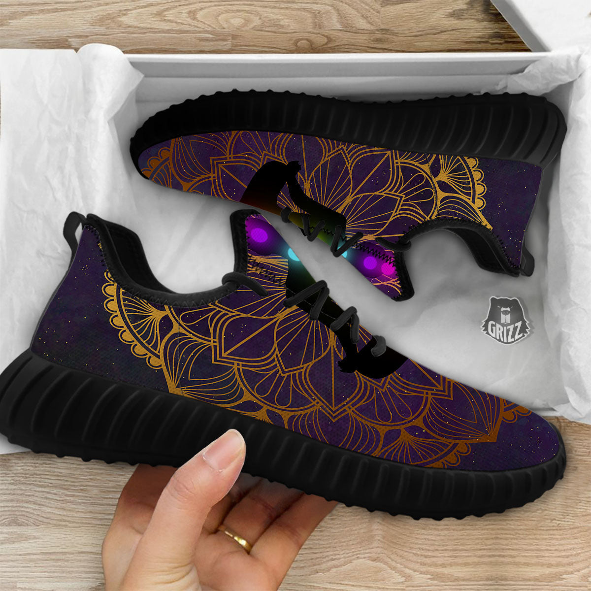 Reiki Golden Print Black Walking Shoes-grizzshop