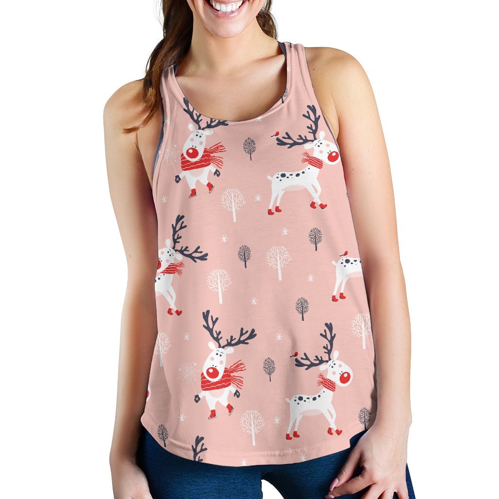 Reindeer Christmas Pattern Print Women's Racerback Tank Tops-grizzshop