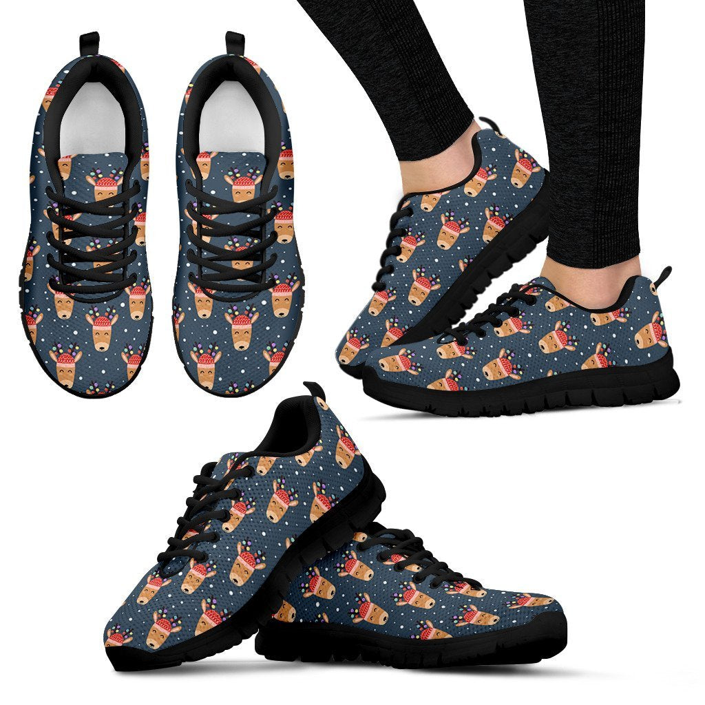 Reindeer Christmas Print Pattern Black Sneaker Shoes For Men Women-grizzshop