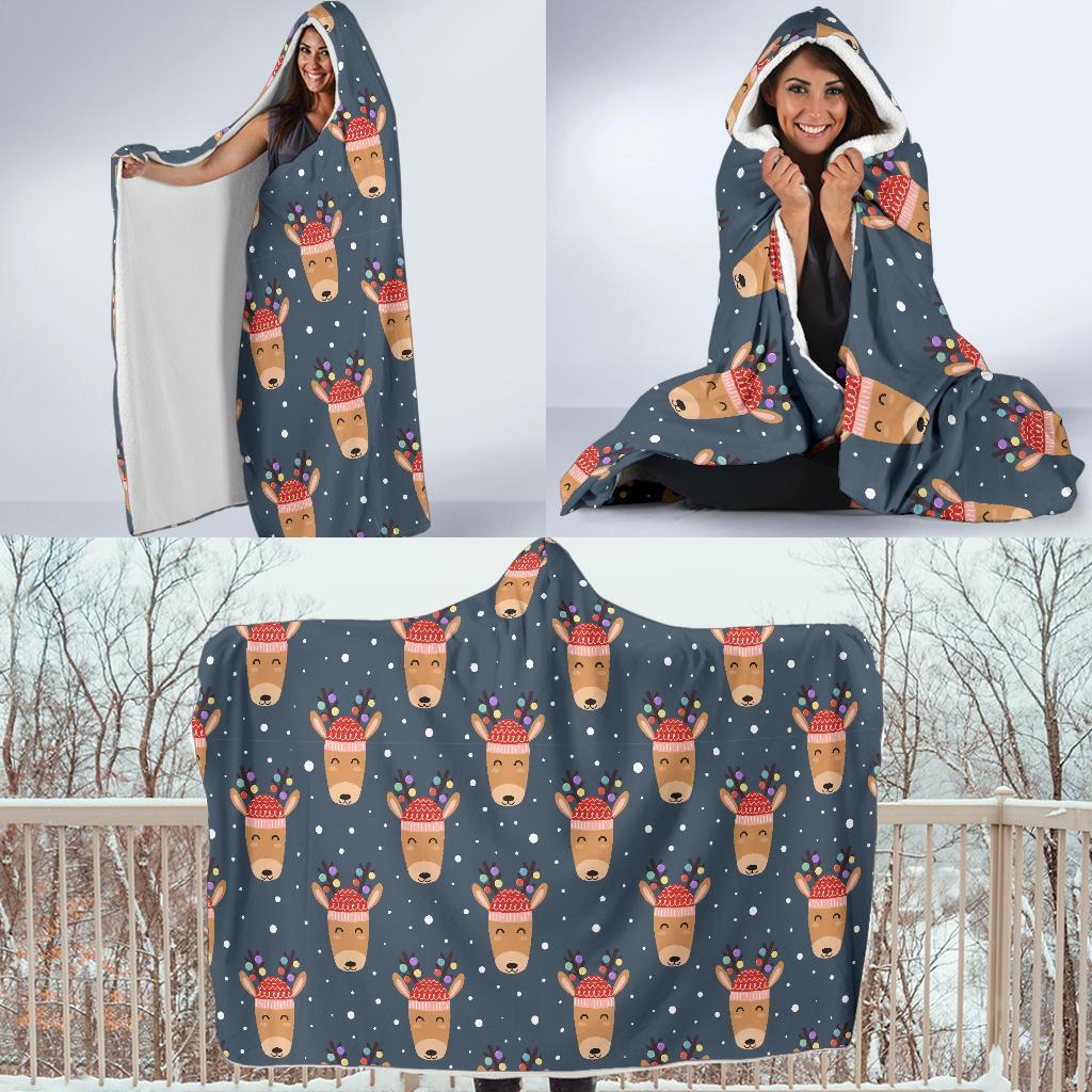 Reindeer Christmas Print Pattern Hooded Blanket-grizzshop