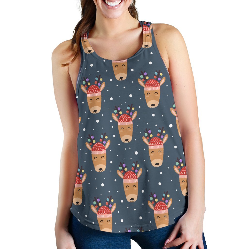 Reindeer Christmas Print Pattern Women's Racerback Tank Tops-grizzshop