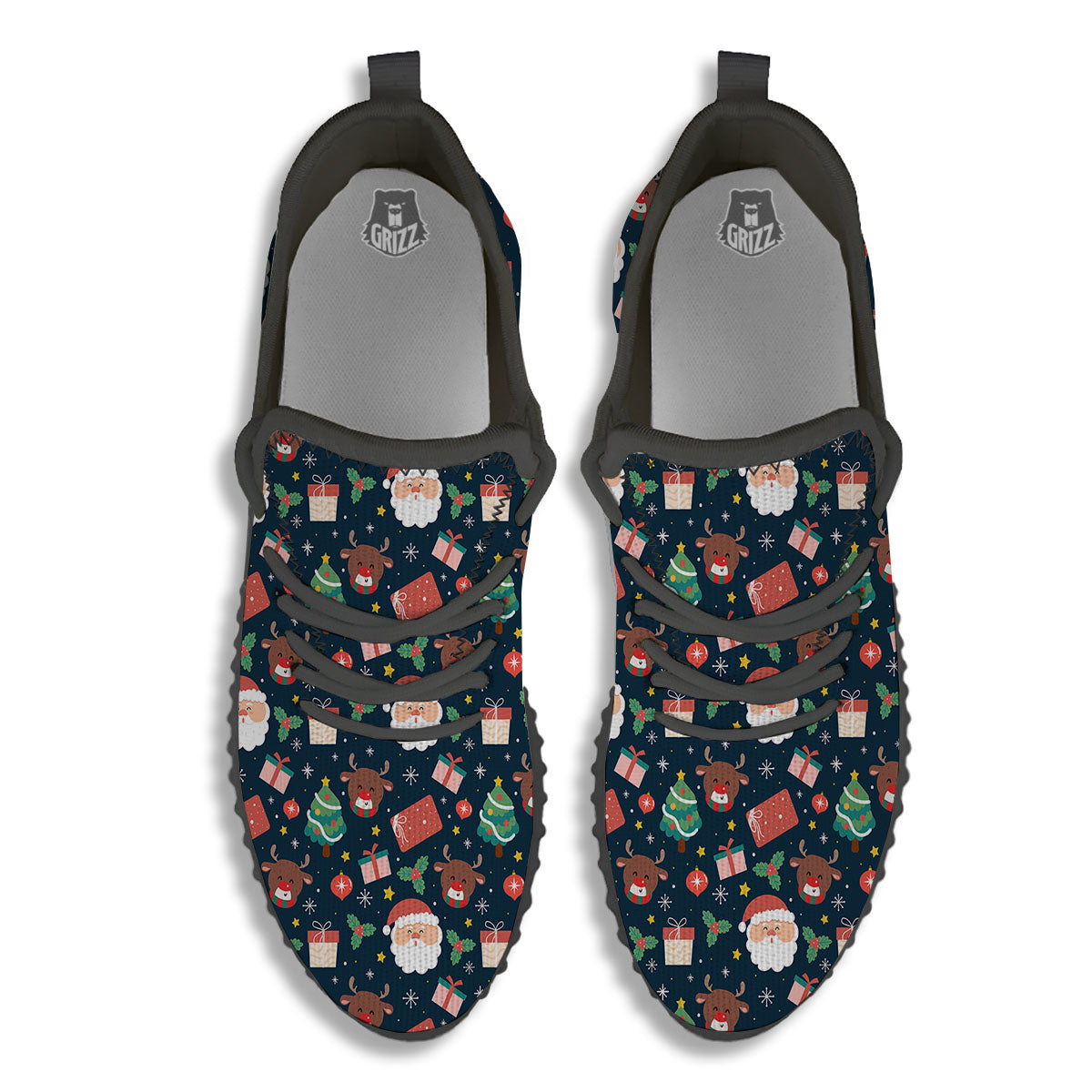 Reindeer Christmas Santa Print Pattern Black Walking Shoes-grizzshop
