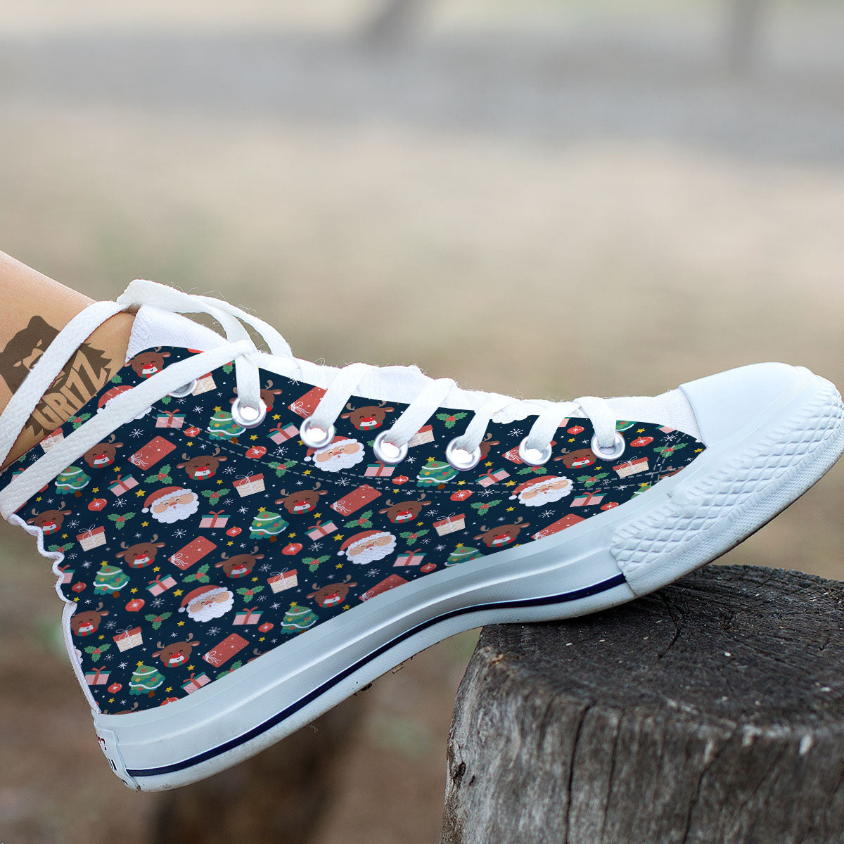Reindeer Christmas Santa Print Pattern White High Top Shoes-grizzshop