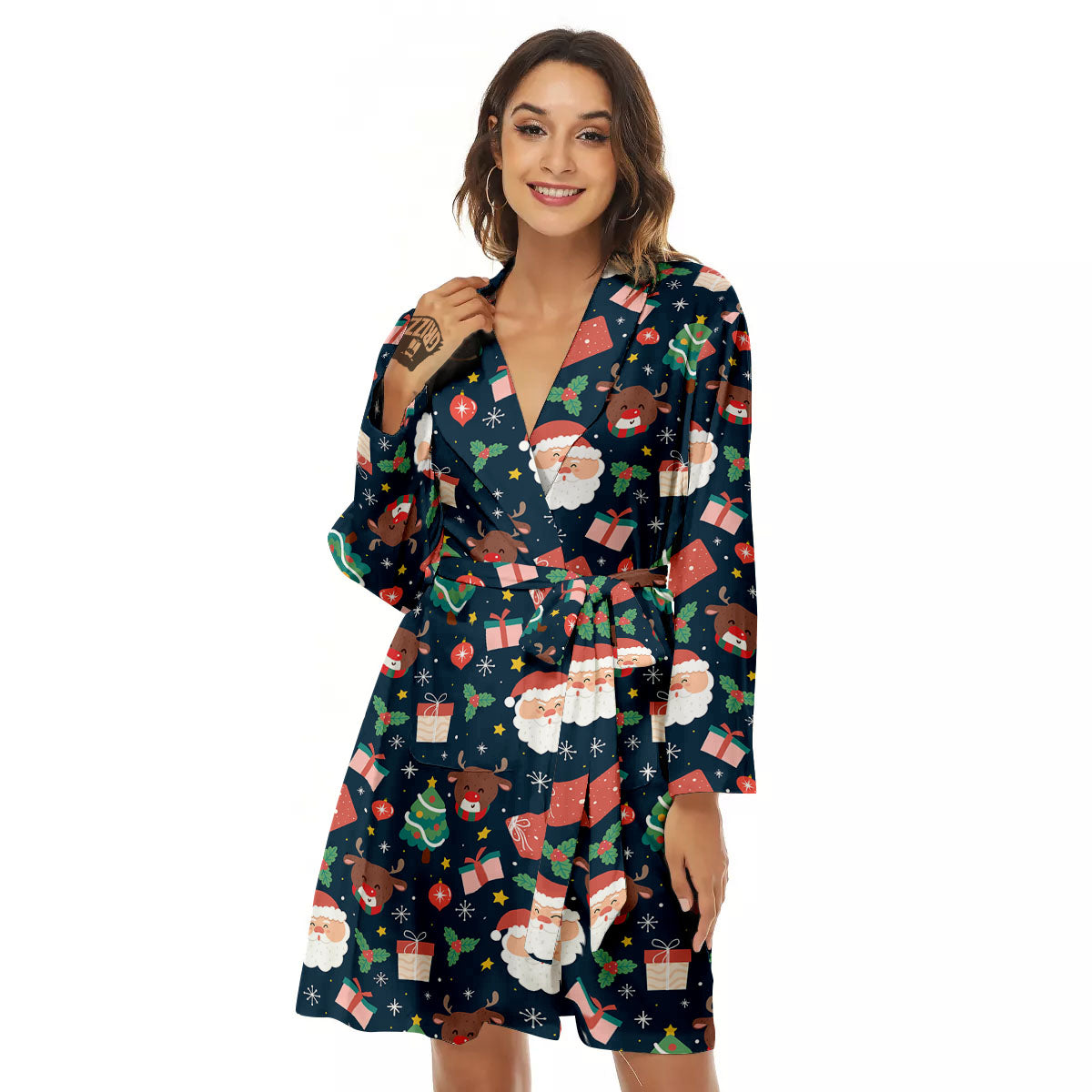 Reindeer Christmas Santa Print Pattern Women's Robe-grizzshop