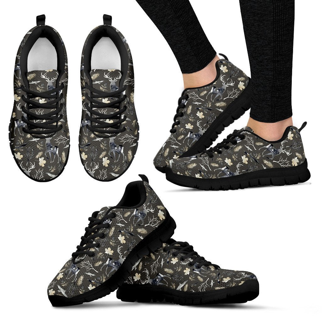 Reindeer Pattern Print Black Sneaker Shoes For Men Women-grizzshop