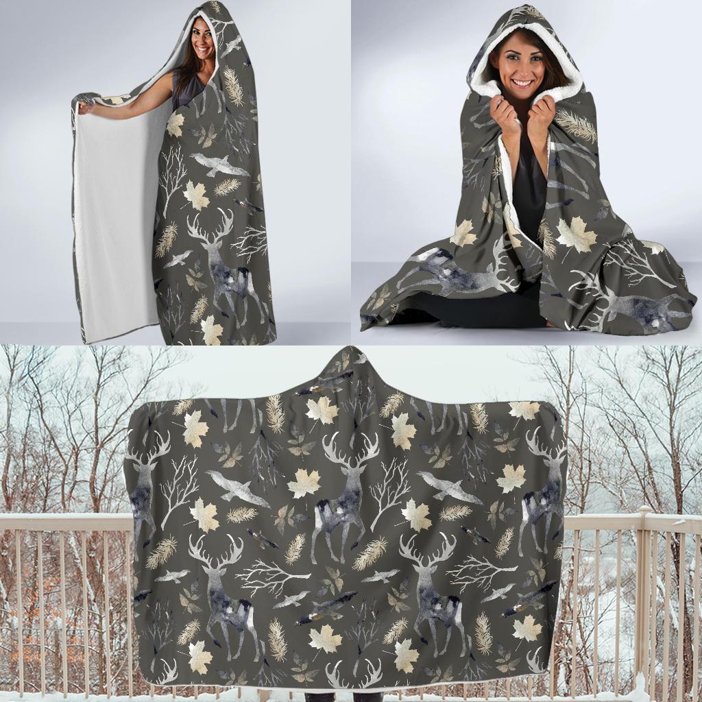 Reindeer Pattern Print Hooded Blanket-grizzshop