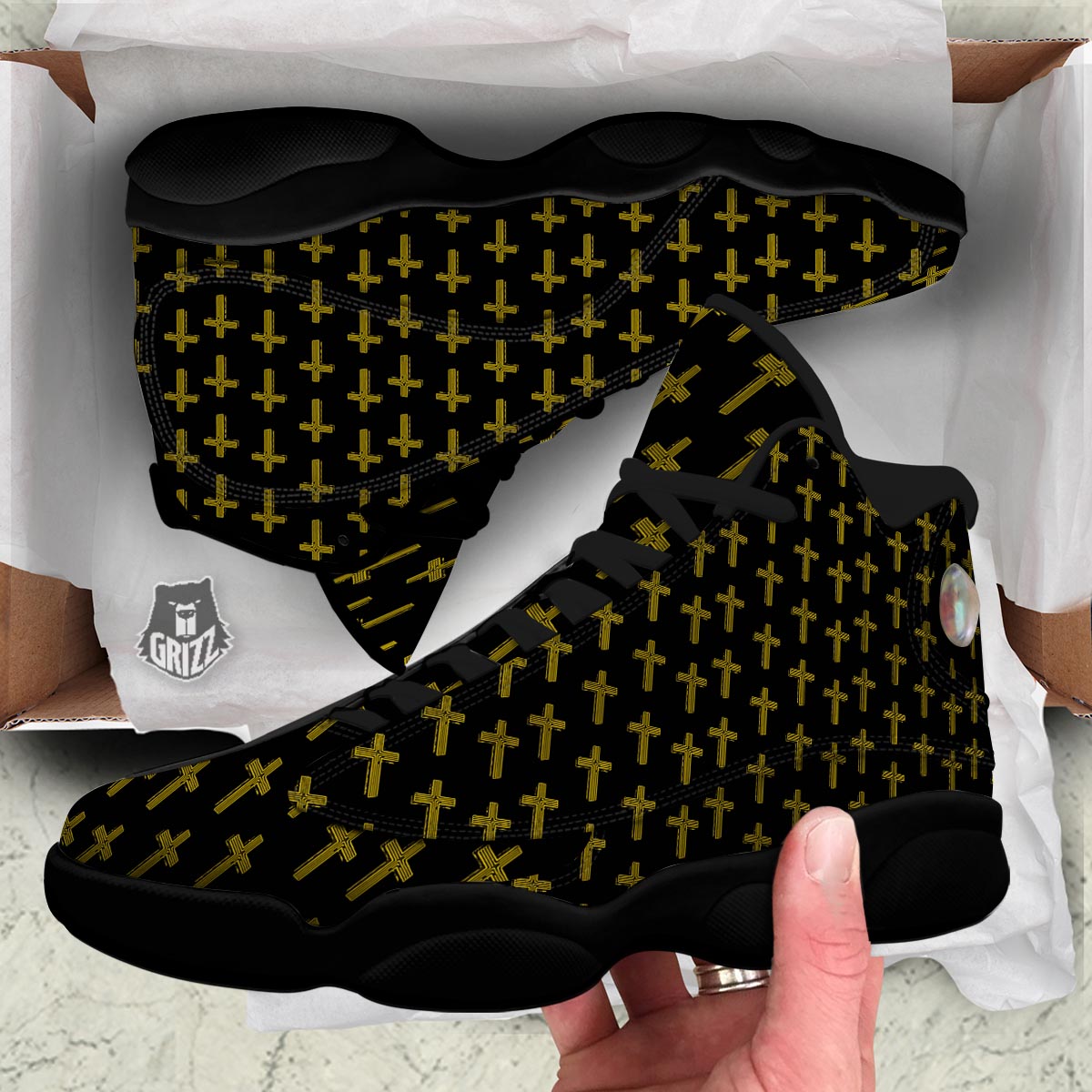 Religious Christian Cross Print Pattern Black Basketball Shoes-grizzshop