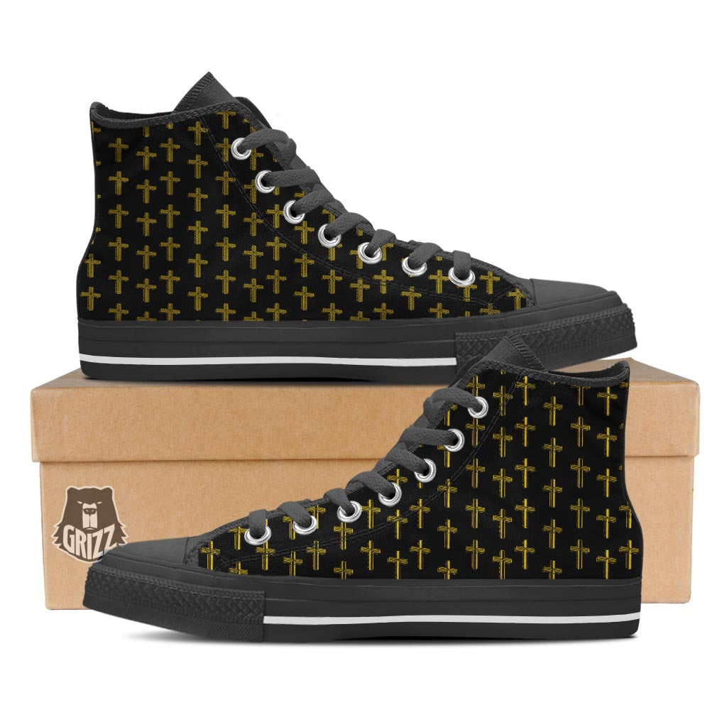 Religious Christian Cross Print Pattern Black High Top Shoes-grizzshop