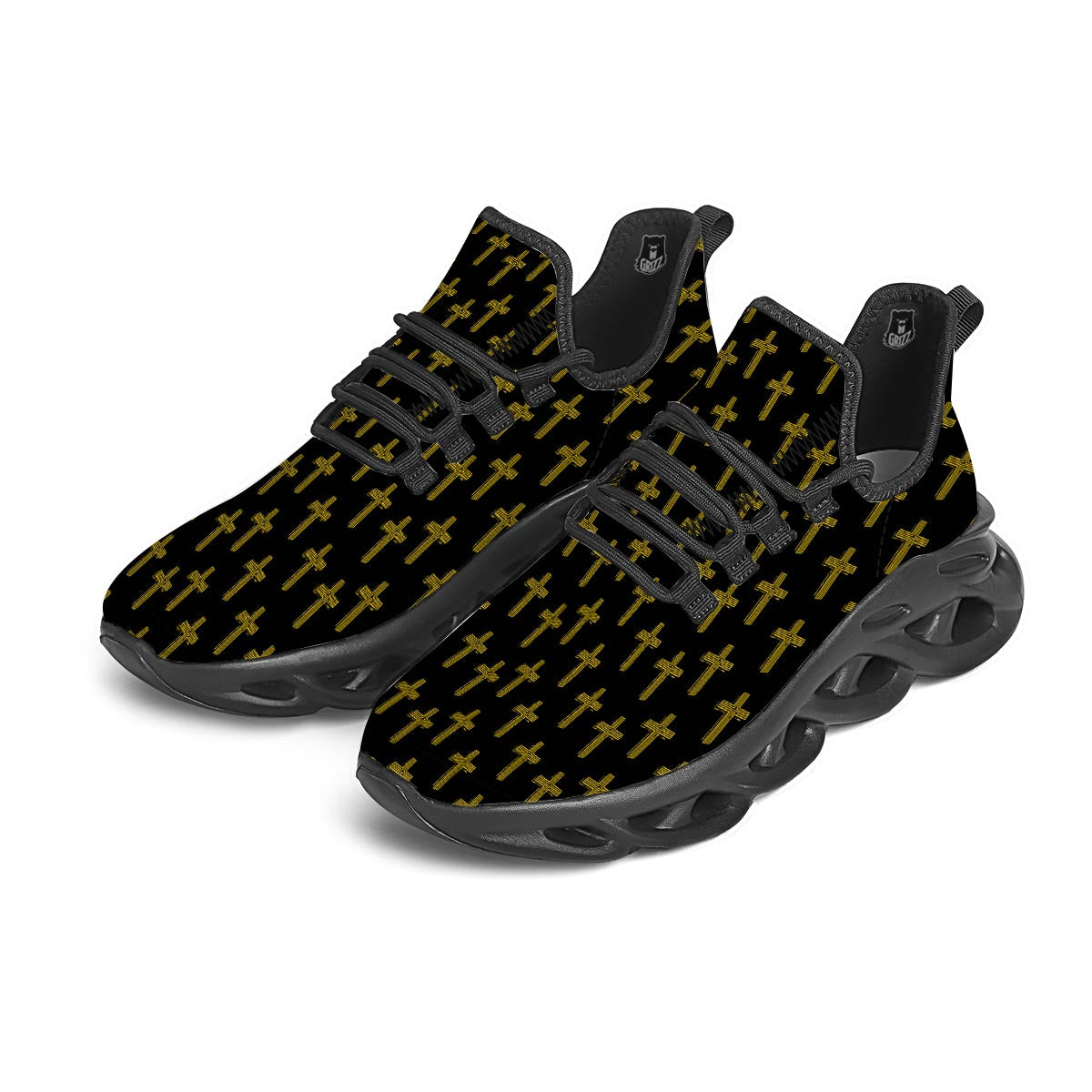 Religious Christian Cross Print Pattern Black Running Shoes-grizzshop