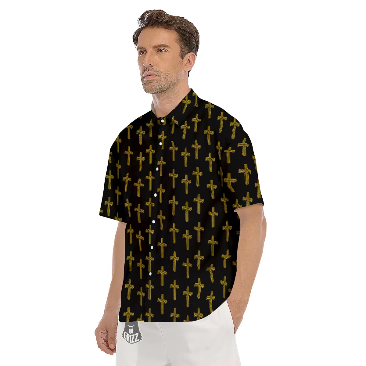 Religious Christian Cross Print Pattern Men's Short Sleeve Shirts-grizzshop