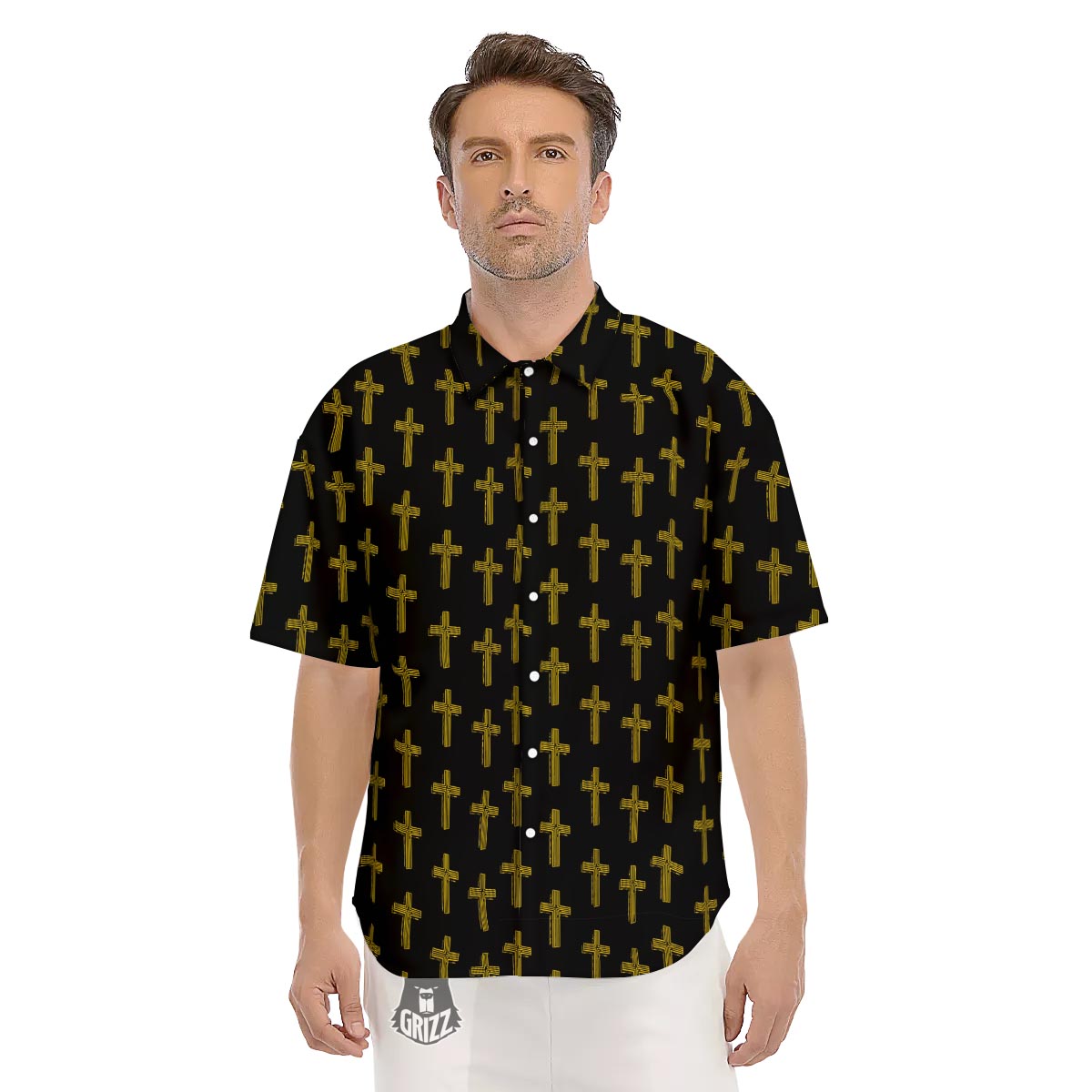 Religious Christian Cross Print Pattern Men's Short Sleeve Shirts-grizzshop