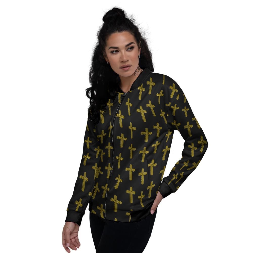 Religious Christian Cross Print Pattern Women's Bomber Jacket-grizzshop