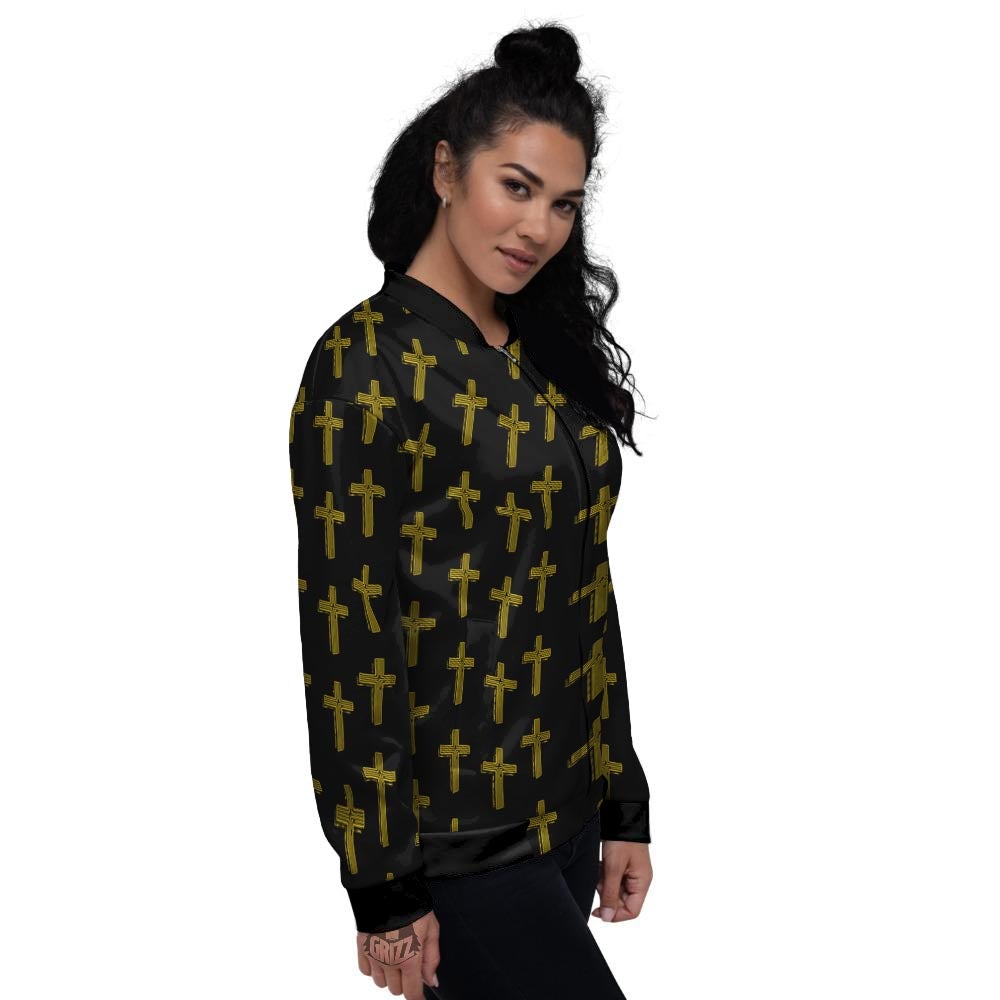 Religious Christian Cross Print Pattern Women's Bomber Jacket-grizzshop