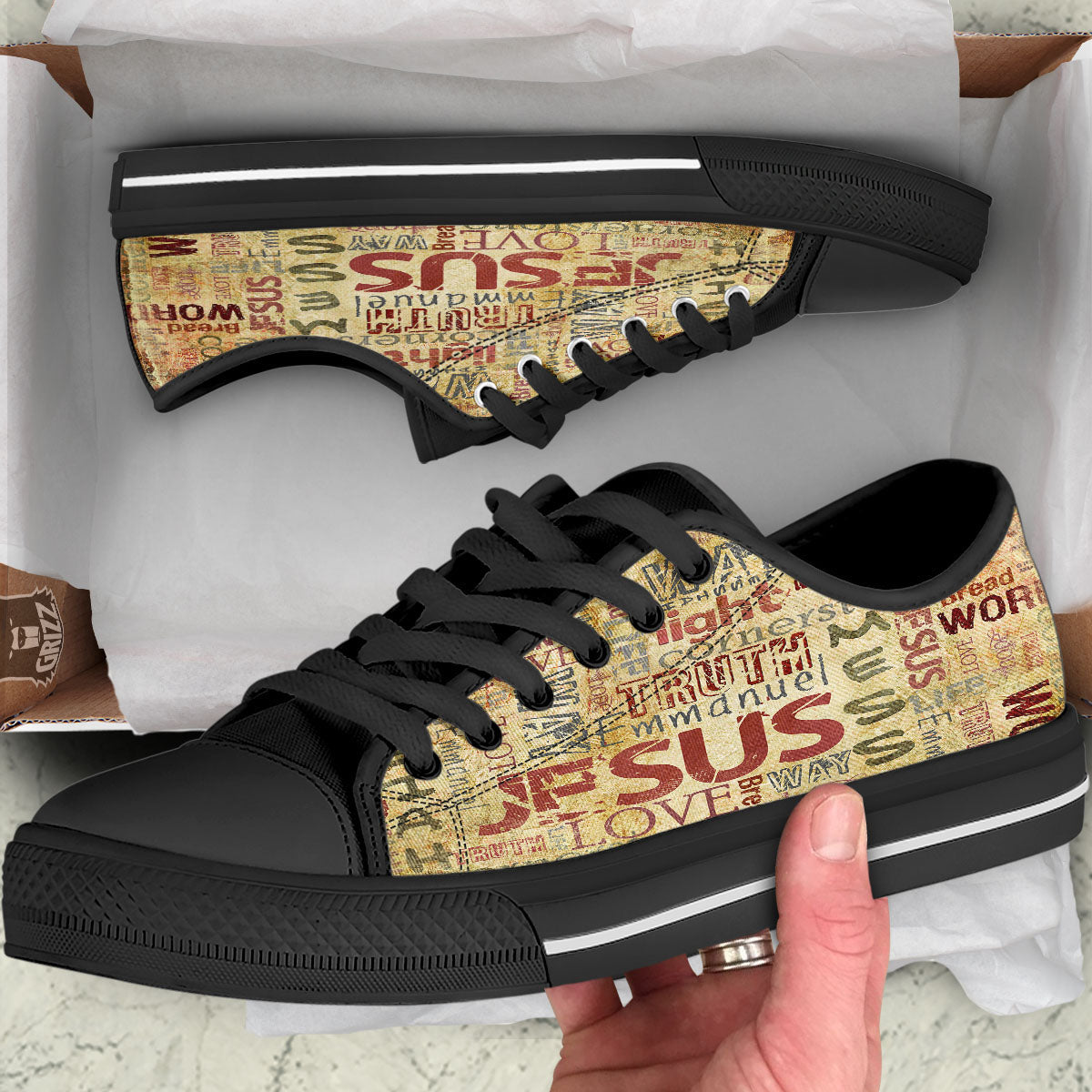 Religious Of God Word Print Black Low Top Shoes-grizzshop