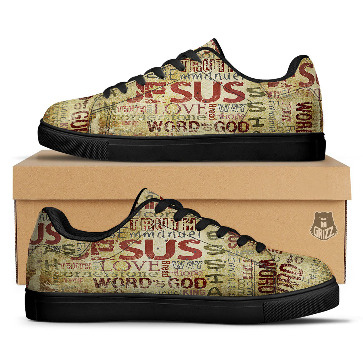 Religious Of God Word Print Black Low Top Sneakers-grizzshop