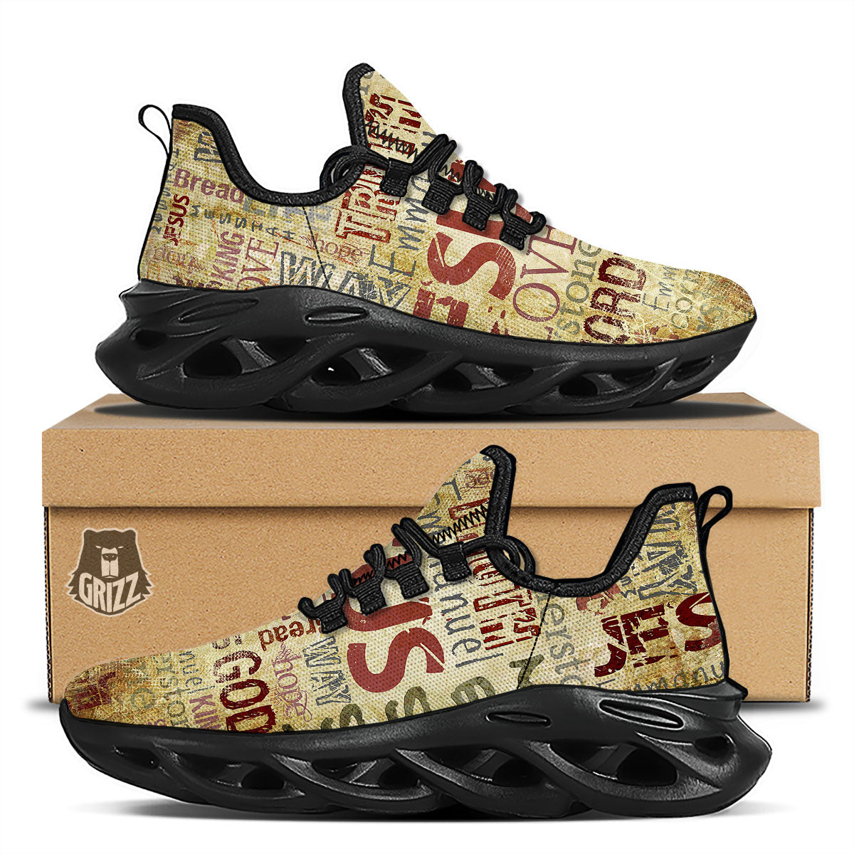 Religious Of God Word Print Black Running Shoes-grizzshop