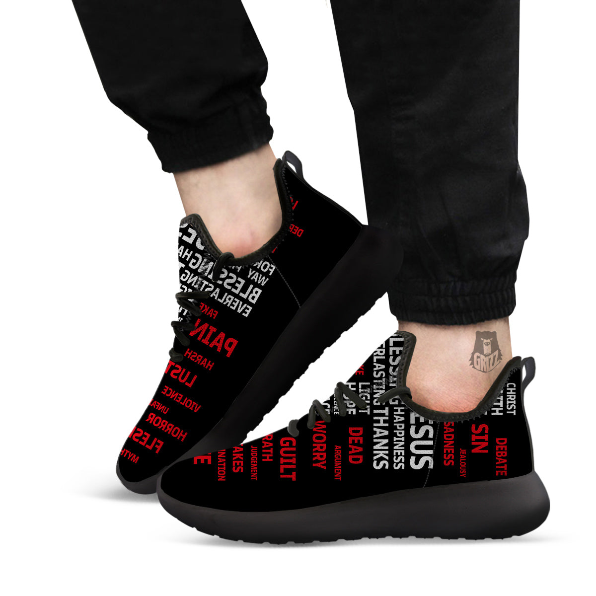 Religious Words Christian Cross Print Black Athletic Shoes-grizzshop