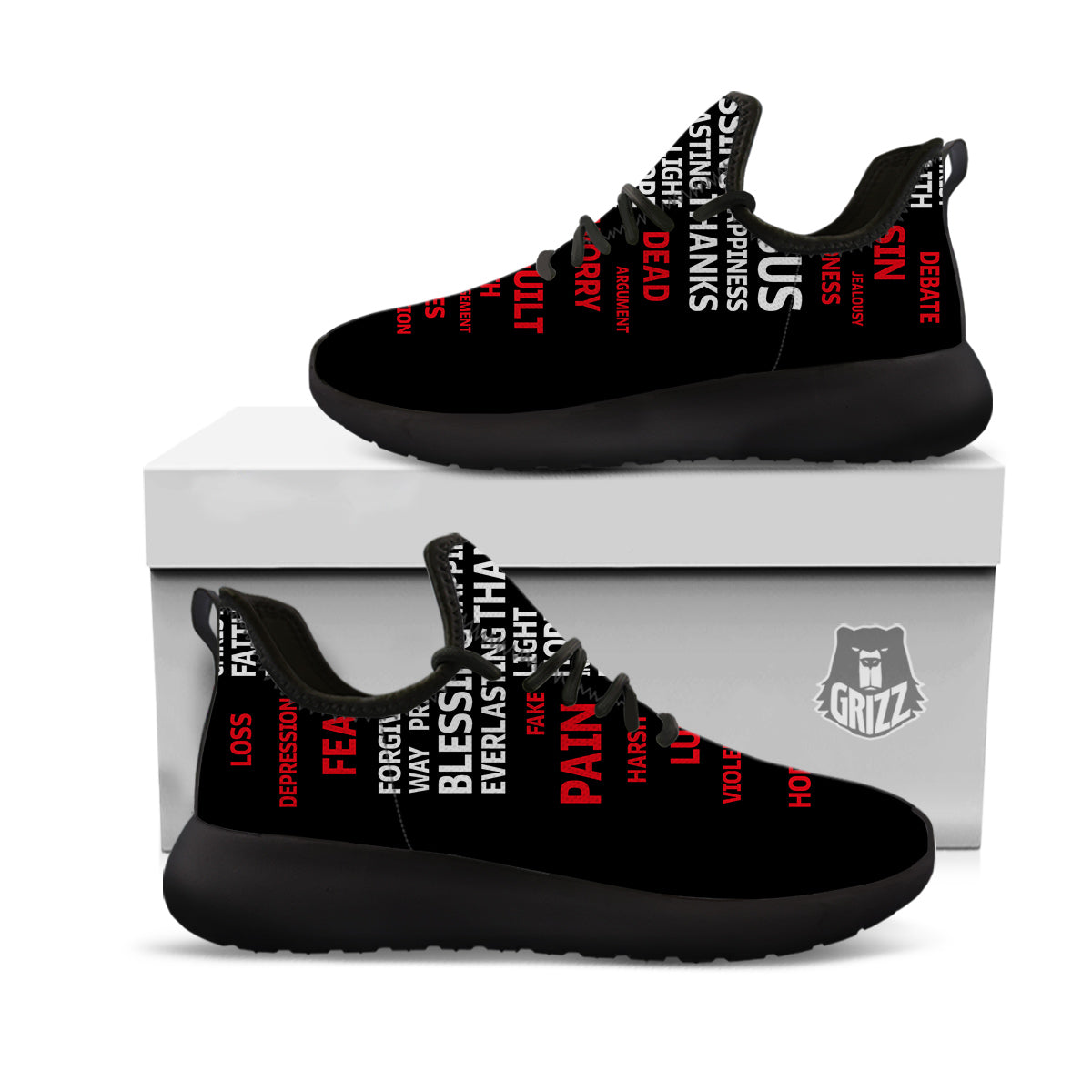 Religious Words Christian Cross Print Black Athletic Shoes-grizzshop